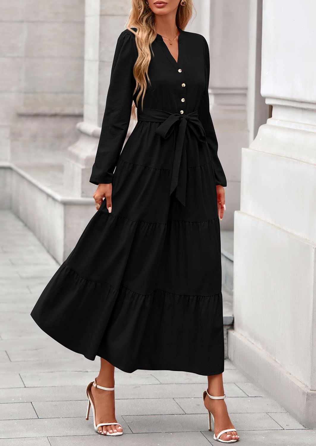 PRETTYGARDEN Maxi Dresses for Women Spring Long Sleeve V Neck Belted A Line Flowy Boho Wedding Guest Dress Pockets - Image 3