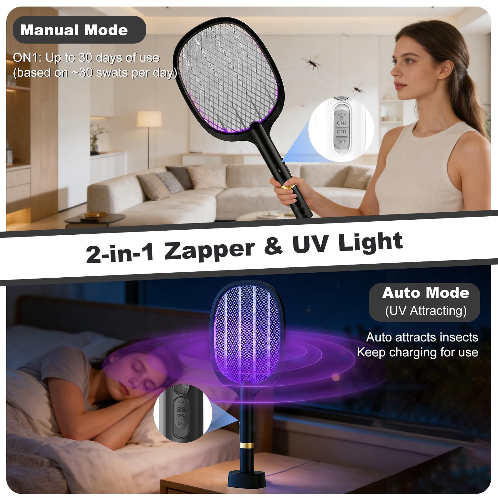 Matamoscas eléctrico, extrafuerte, atrapamoscas eléctrico con base de carga USB C, 2 en 1 eléctrico, matamoscas para mosquitos, moscas, abejas, polillas, 2 PS, negro