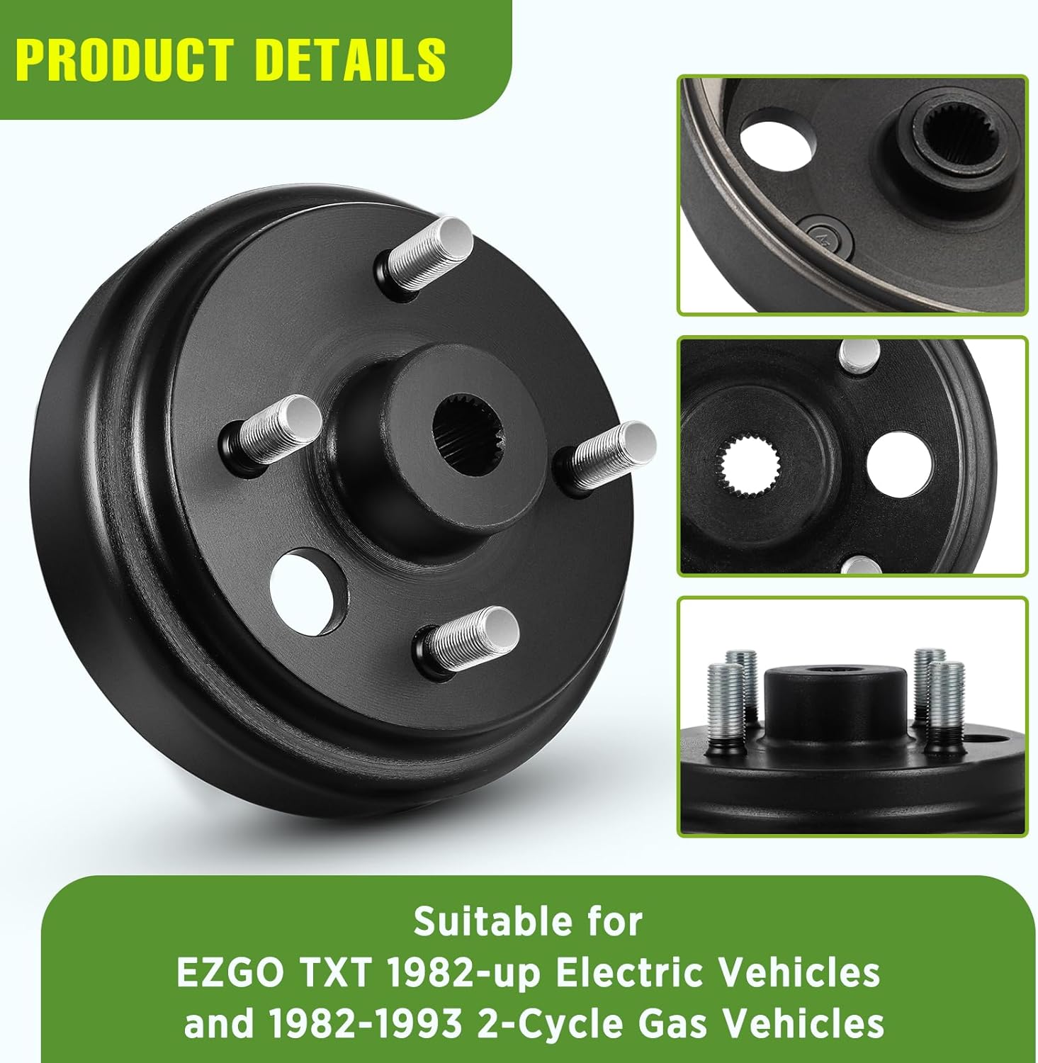 Golf Cart Brake Drum Hub Assembly for EZGO TXT 1982-up Electric Vehicles and 1982-1993 2-Cycle Gas Vehicles, 24 Tooth Star Spline Drums, Replace OEM# 19186G1P 19186-G1, 2 Pcs