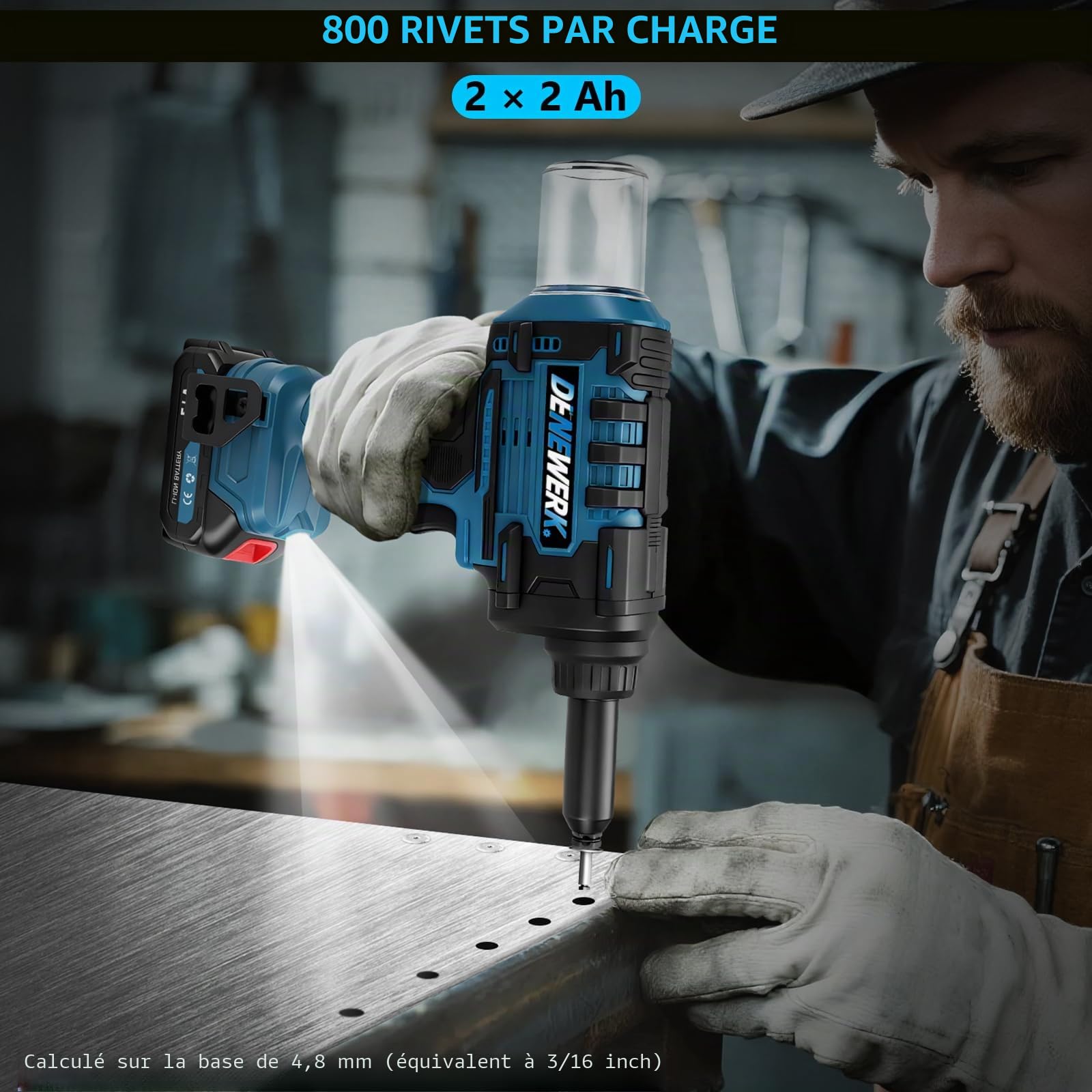 Pistolet à riveter sans fil compatible avec Makita 18V, Pince à rivets électrique 10 000N, Pour rivets aveugles en acier 2,4-4,8 mm & rivets aveugles en aluminium 2,4-6 mm, course 25 mm(sans batterie)