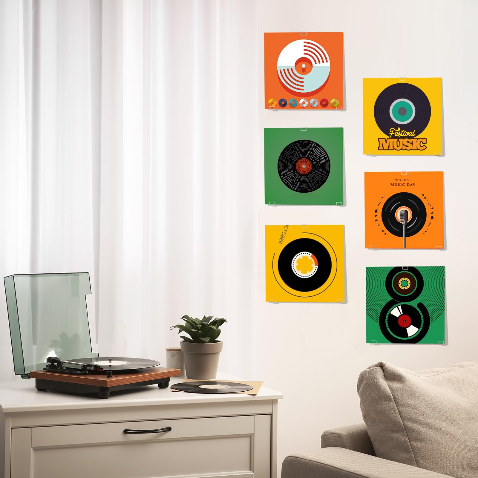 Kalami Estante de exhibición de discos de vinilo para montaje en pared con cinta adhesiva, 12 juegos, 36 piezas de acrílico transparente para álbum de música, sin tornillos, para decoración del hogar,