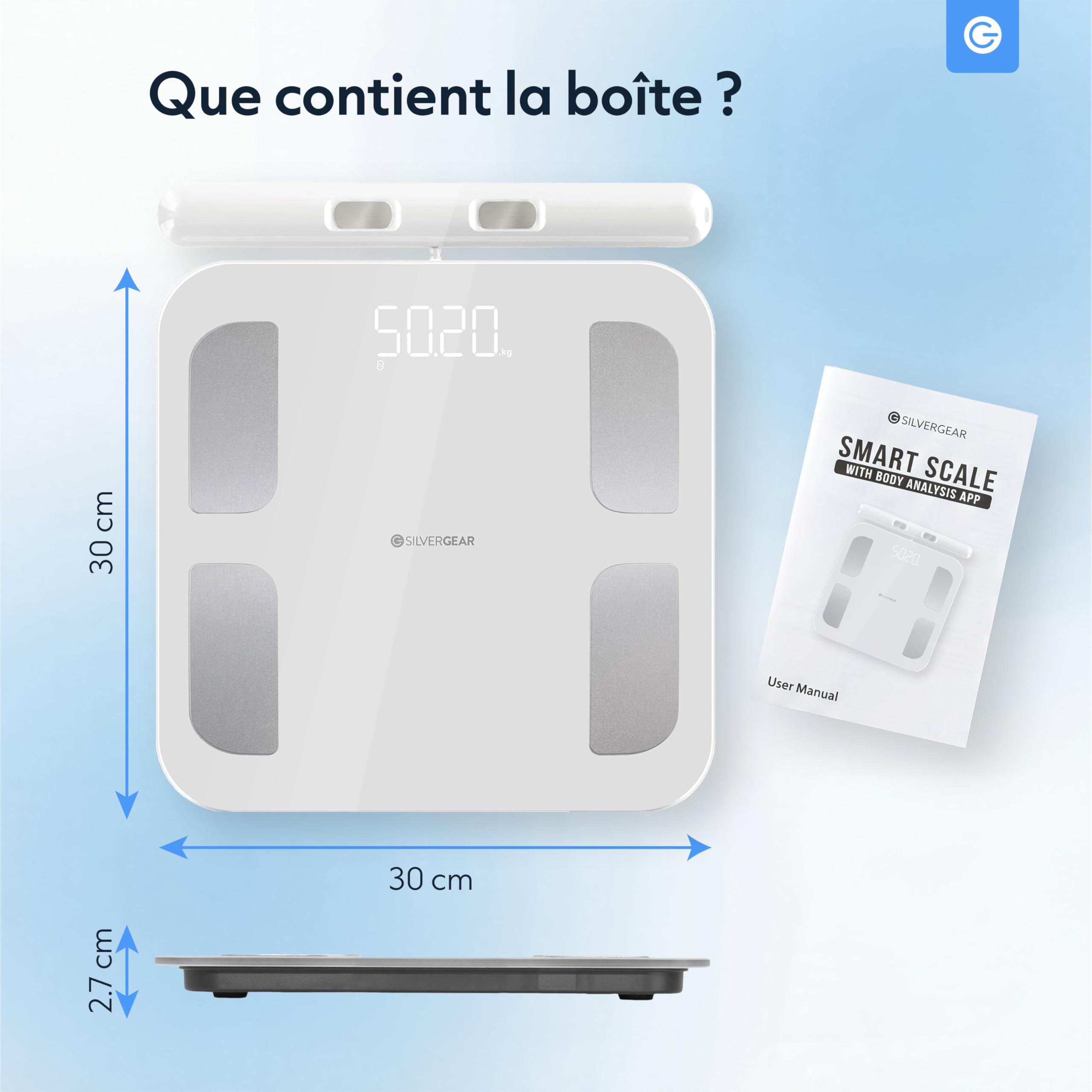Silvergear® Pese Personne avec Poignée | Balance Pese Personnes | Analyse de Graisse Corporelle, Masse Musculaire, IMC, Poid des Os, BMR, Fr. Cardiaque | Impédancemètre avec App | Blanc