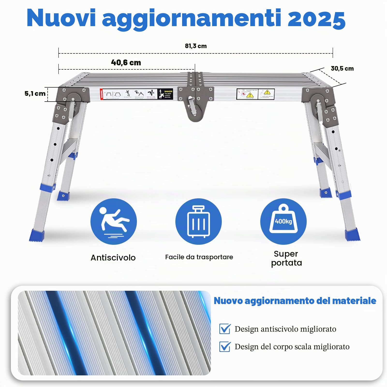 Piattaforma di lavoro in alluminio migliorata, pieghevole fino a 362 kg, piattaforma di lavoro, scala a gradini regolabile in alluminio, scala con piattaforma con serrature di sicurezza, pianerottolo
