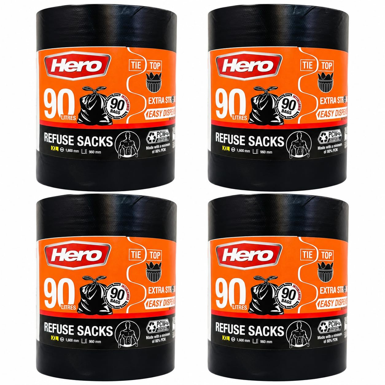Hero Extra Strong Black Bin Bags, Refuse Sacks, Tie Top, 90 Litre, Pack of 90 (360)