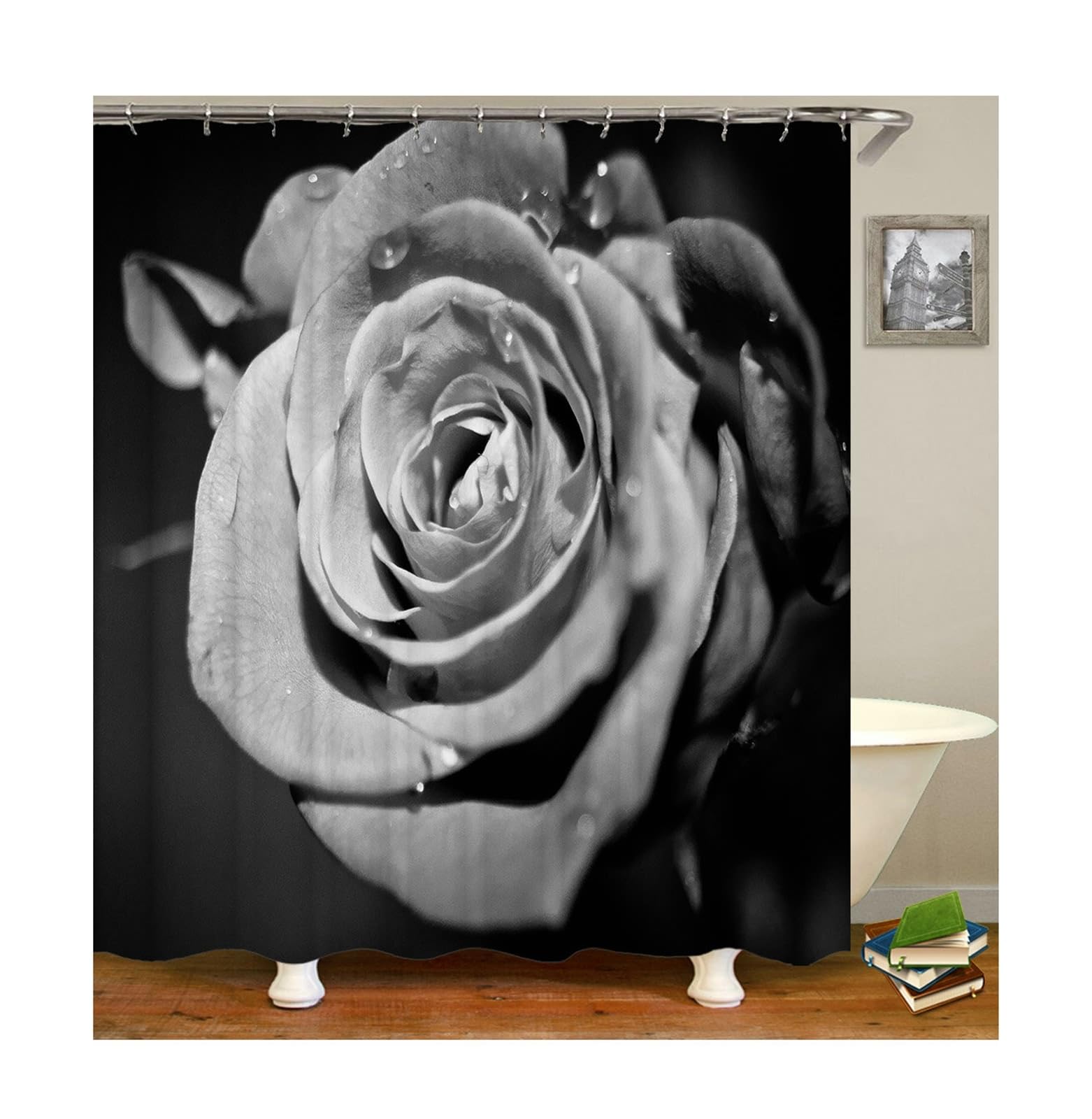 Rideau de douche anti-moisissure imperméable noir motif fleurs roses