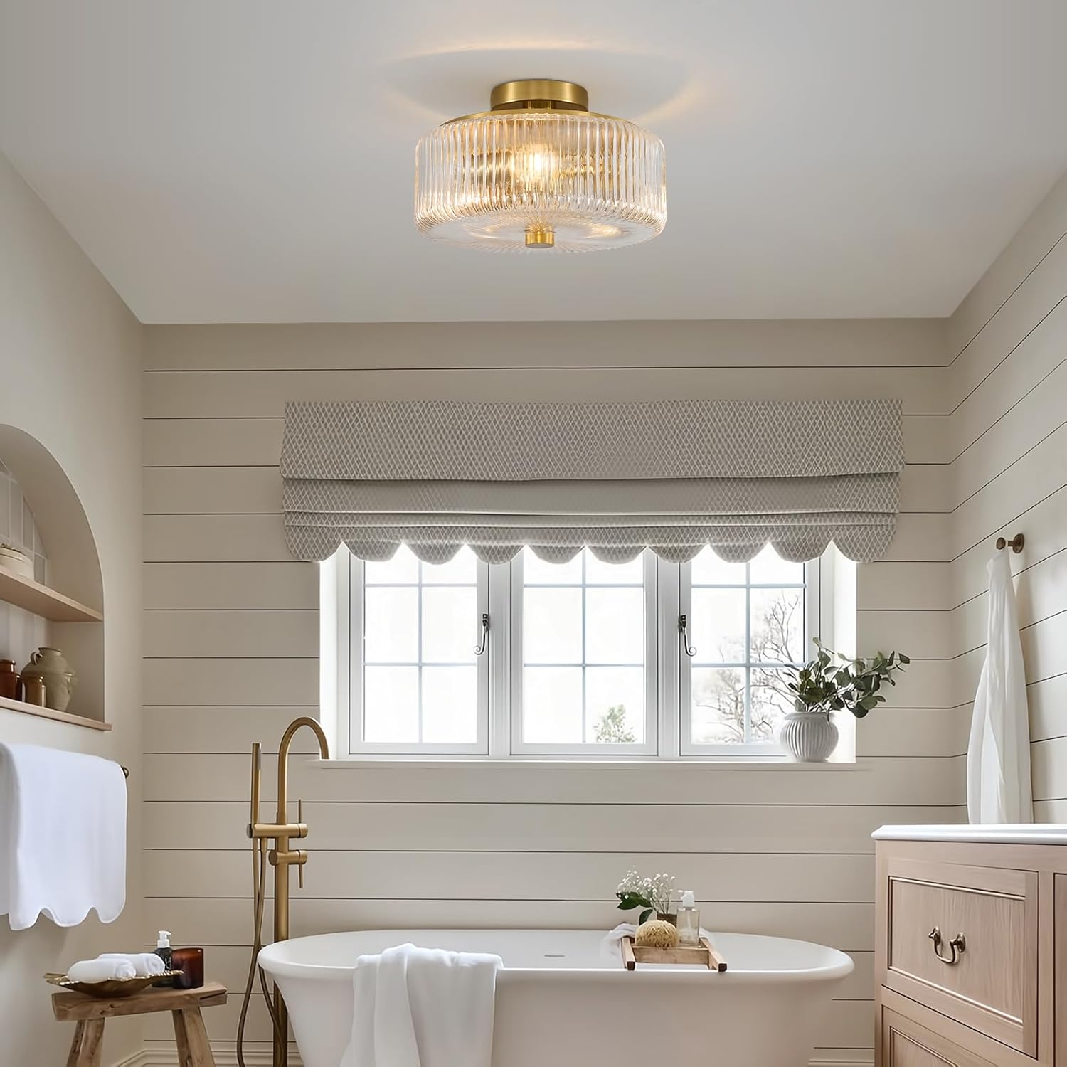 Semi Flush Mount Ceiling Light: 3 Lights 12" Drum Ribbed Glass Chandelier - Mid Century Modern Ceiling Light Fixture - Gold Farmhouse Lighting For Entryway Kitchen Bedroom Bathroom Living Dining Room