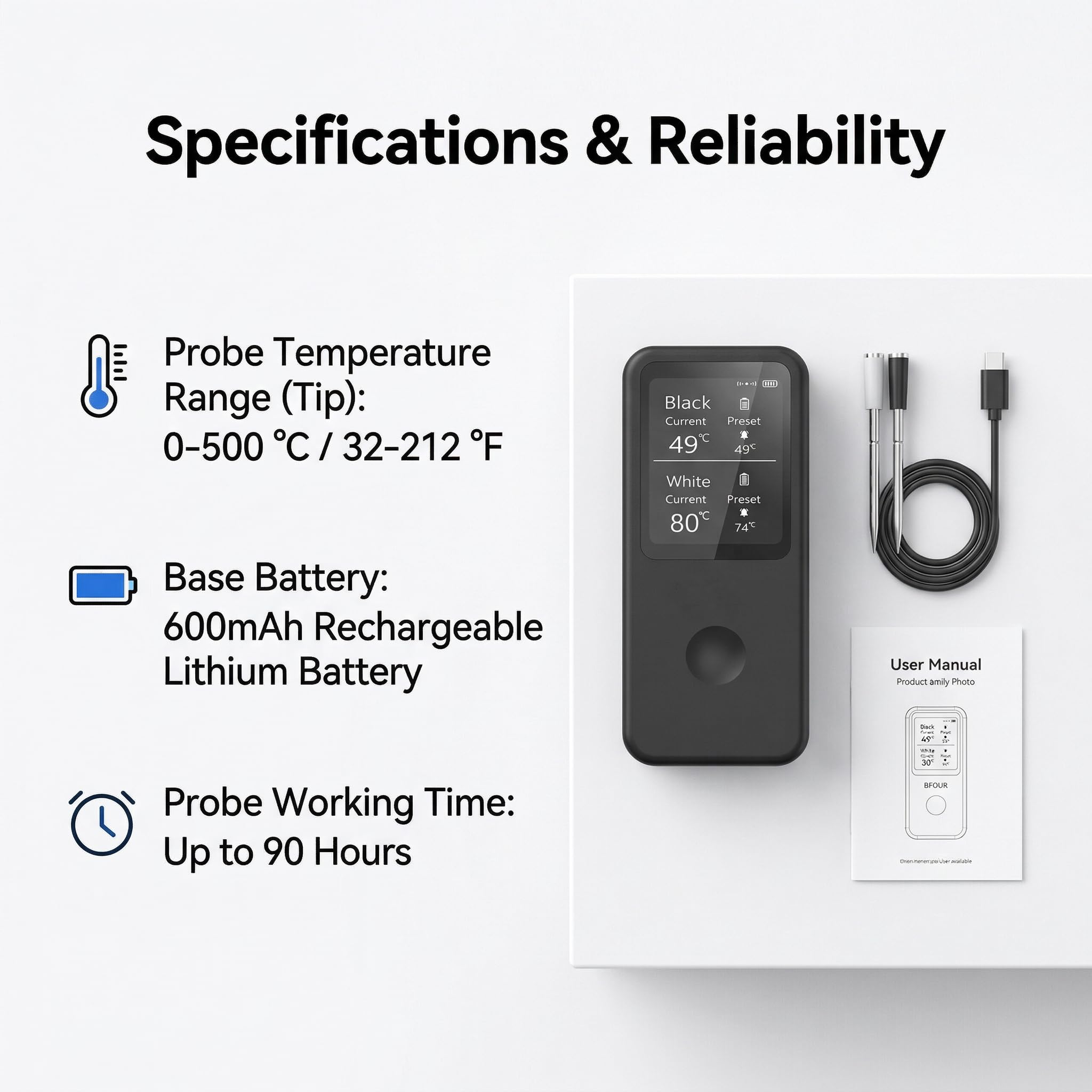 Berrcom 2.4 Inch Wireless Meat Thermometer with Dual Probes, Bluetooth Meat Thermometer with 500FT Range, 400°C Heat-Resistant Probe, Smart App with 12 Presets for Grilling BBQ Oven Smoker