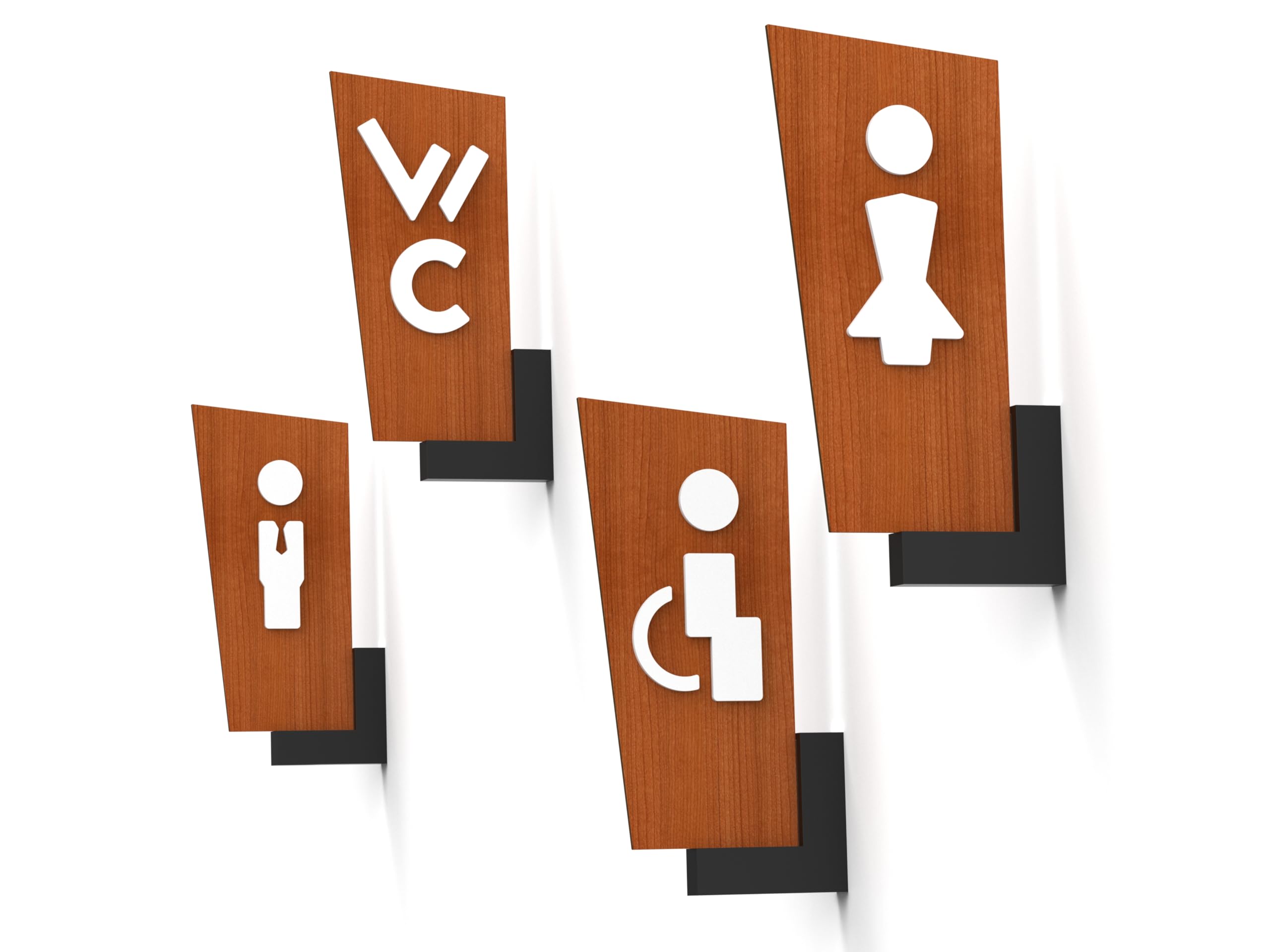 Set de 4 señales direccionales con flechas – 32 cm – Símbolos personalizados: Aseos, Recepción, Comedor, Gimnasio, Vestuario/Camerino – Carteles de pared de doble cara