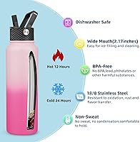 Vista 10 de BJPKPK - Botellas de agua aisladas con tapa de popote, botellas de agua de acero inoxidable de 40 onzas con 3 tapas, termo a prueba de fugas libre