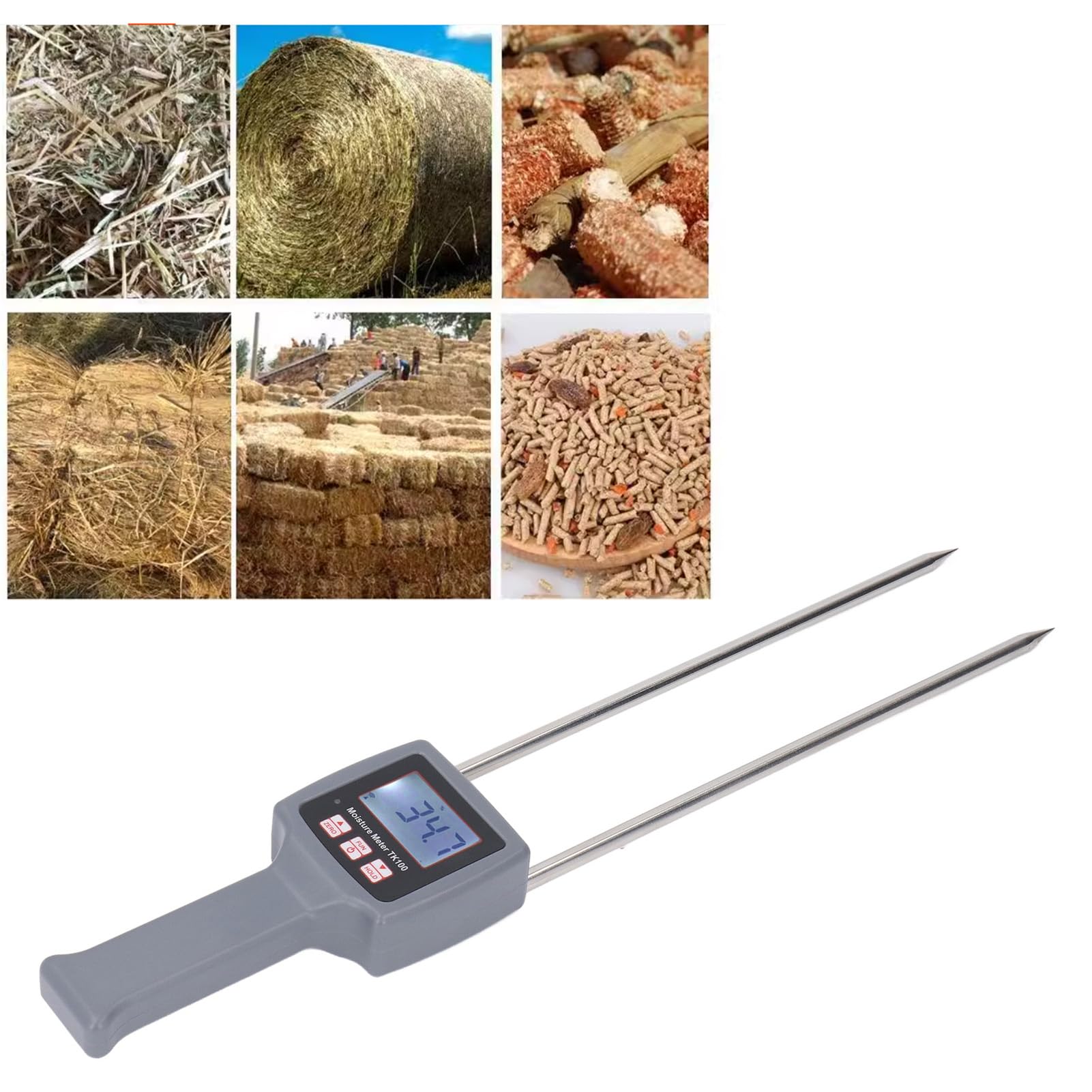 Medidor de Humedad de Heno, Detector Portátil de Humedad de Heno con Sonda para Cereales, Paja, Forraje, Salvado de Hierba, Pantalla Retroiluminada, Probador de Humedad de Heno