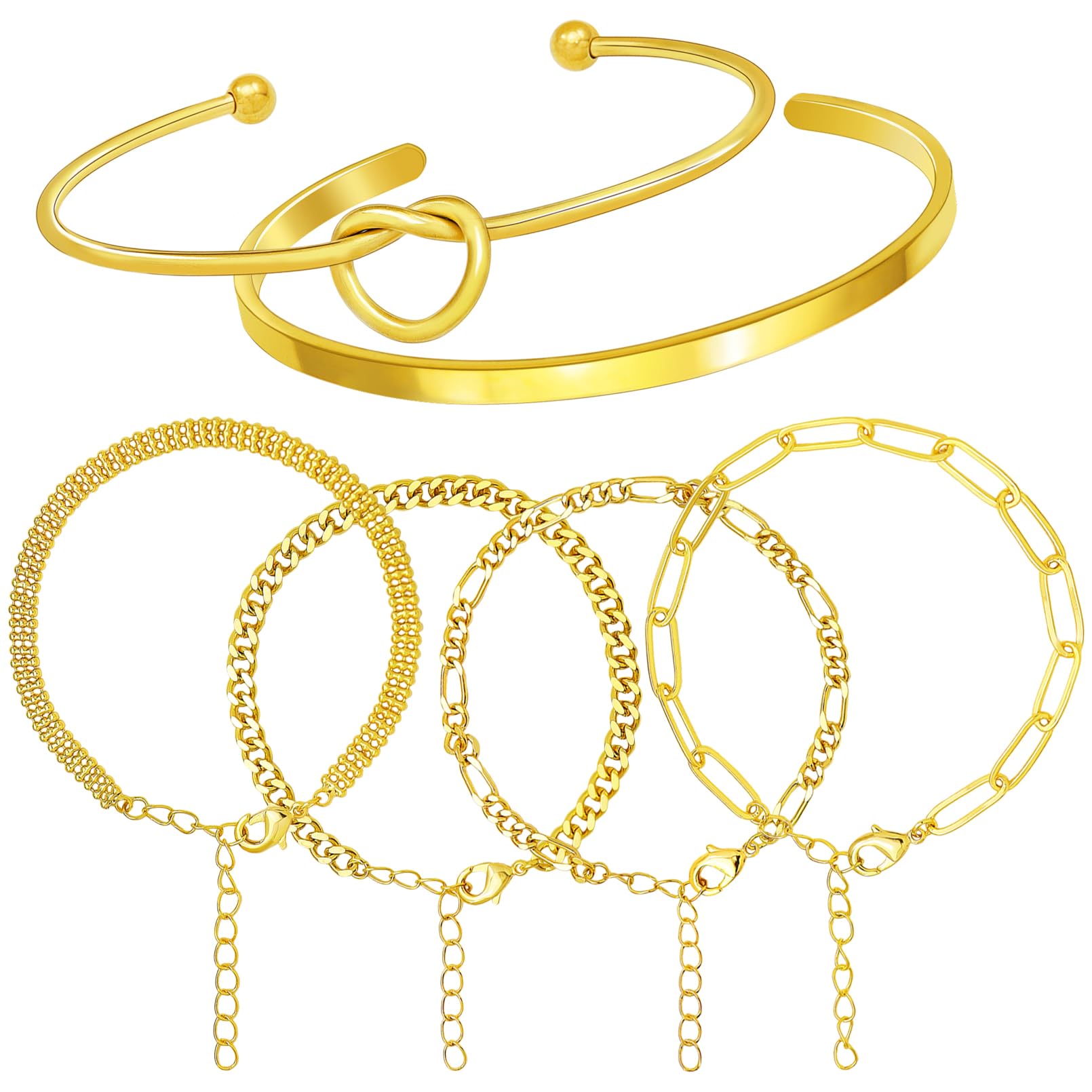 RechicGu14K Real Gold Plated Cuff Bracelet Bangle Jewelry Set Stackable Trendy Dainty Love Heart Knot Infinity Beaded Ball Paperclip Chain Minimalist Bracelet,6 styles
