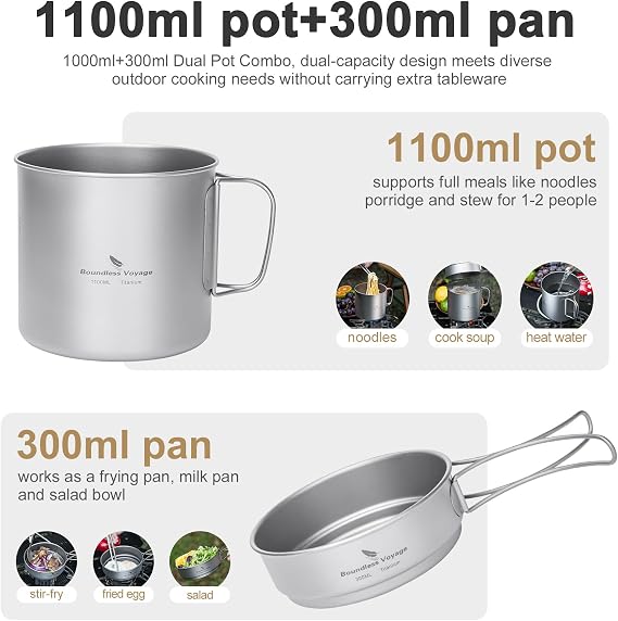 Boundless Voyage Titanium Pot Pan Set Camping Cookware, 1.1L + 0.3L-Ti2053C