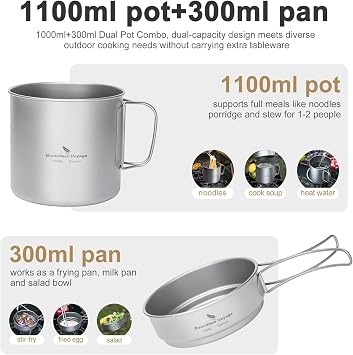 Boundless Voyage Titanium Pot Pan Set Camping Cookware, 1.1L + 0.3L-Ti2053C