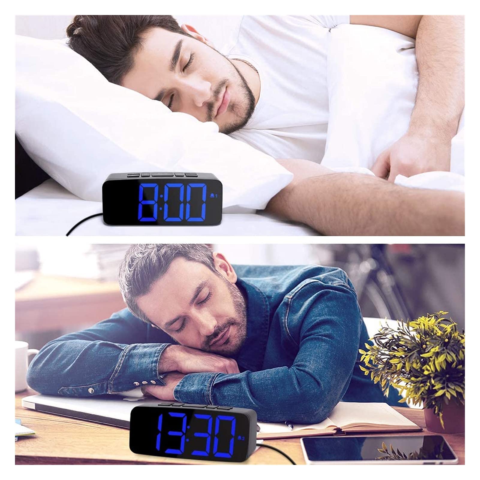 JJJ WTL Despertador Reloj de Alarma Digital 6,3 Pulgadas DIRIGIÓ Relojes de Noche Relojes 2 Alarmas de 6 Niveles Brillo Snooze Función 12 / 24H Mostrar Red eléctrica con Adaptador