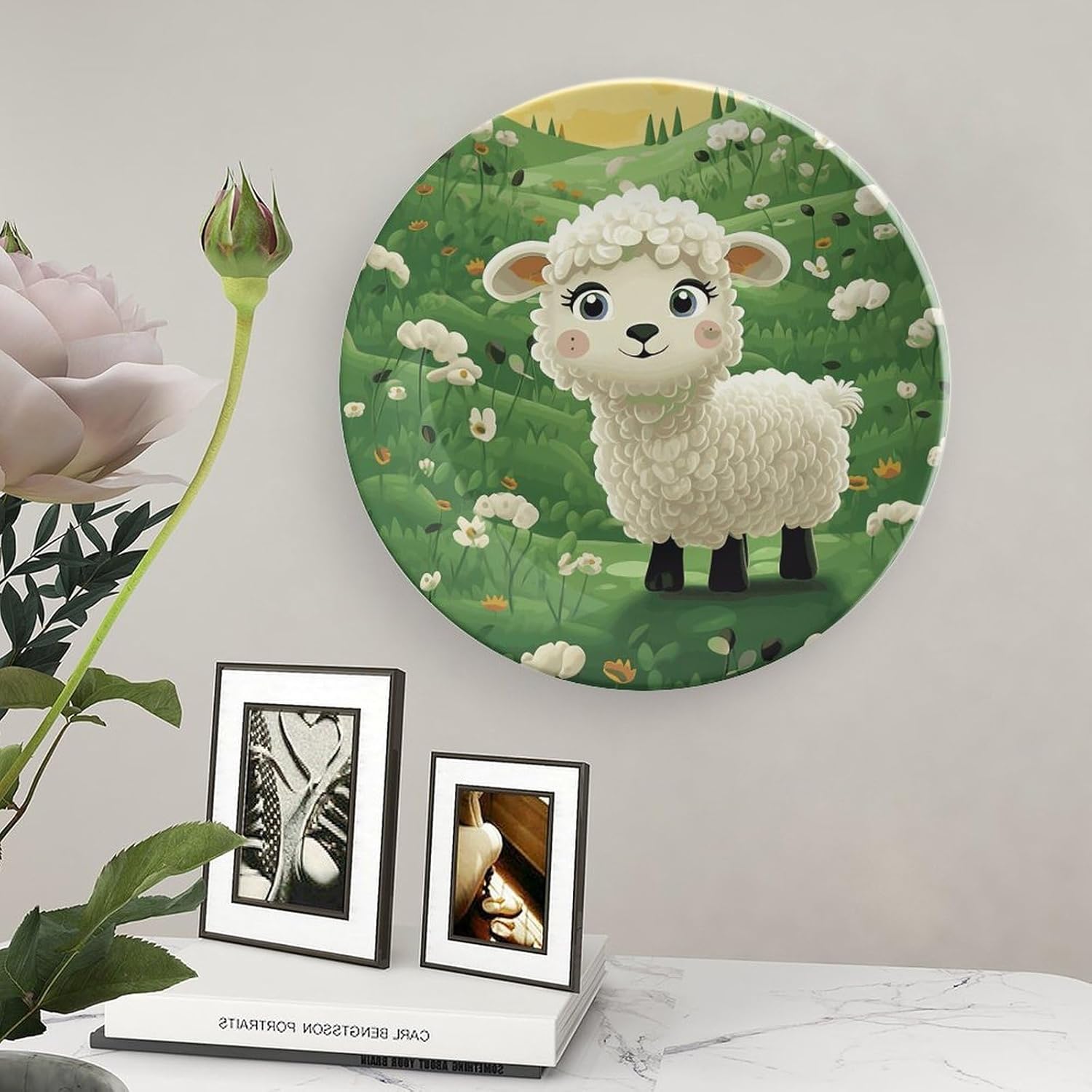Cute Cartoon Sheep Bone China Decorative Plate with Display Stand, Ceramic Ornaments Plate for Wall Hanging, Personalized Porcelain Plates for Office, Living Room 8inch