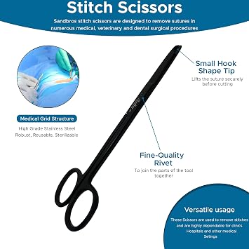 Suture Removal Scissors 4.5 with Crescent Hook – Sharp Stitch Cutter for First Aid, Veterinary & EMS – Stainless Steel, Black Finish