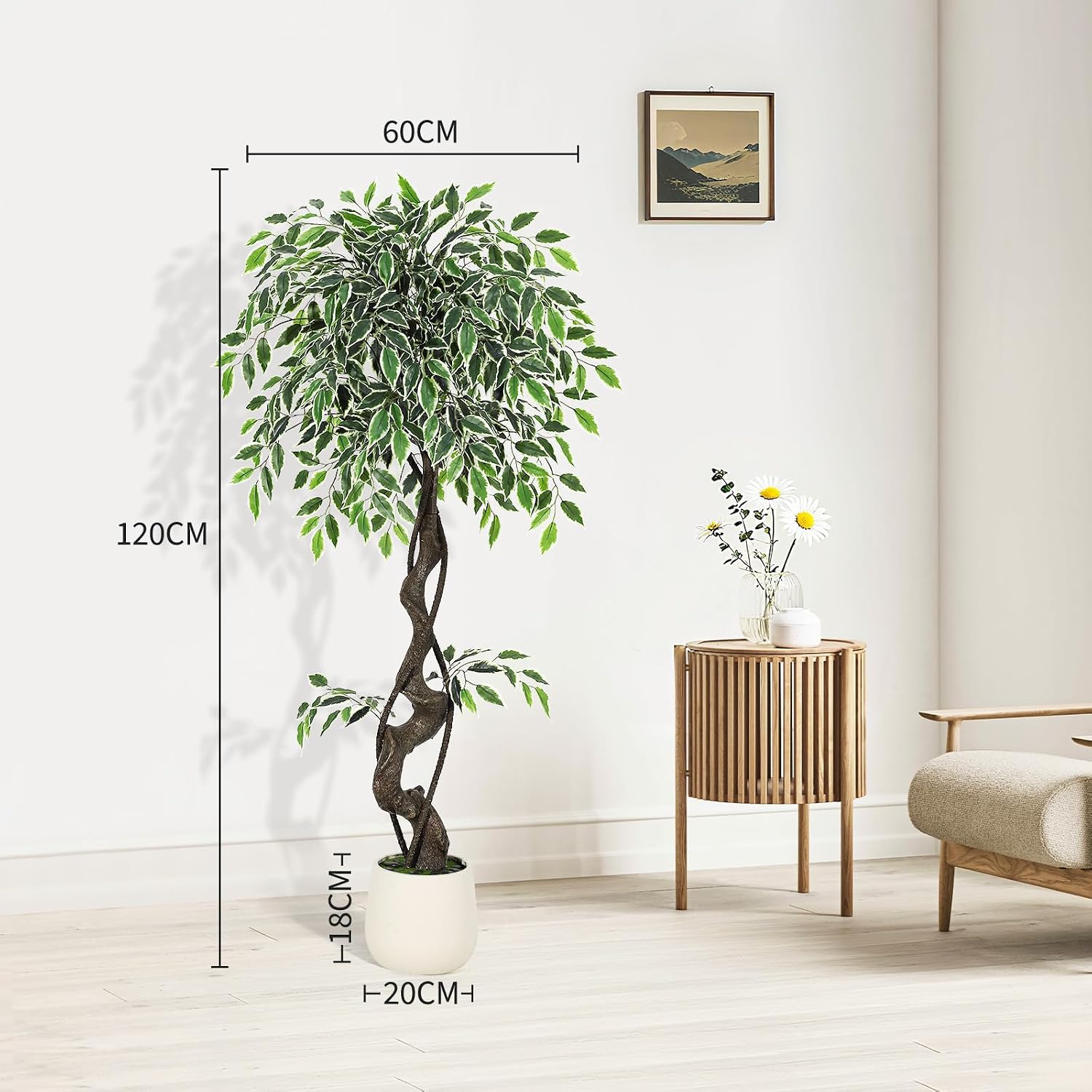 Artificial Ficus Tree for Home Decor Indoor, Faux Floor Tree White Imitation Ceramic Planter, Indoor Outdoor Lifelike Fake Ficus Tree for Office