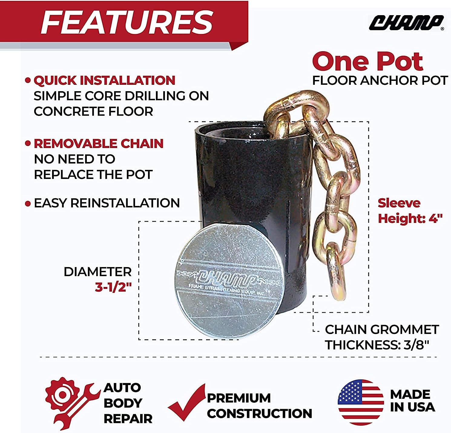 Champ Floor Anchor Pot with Floor Plate – 3-1/2 in Diameter - 3/8 in Chain Grommet Thickness - 4 in Sleeve Height Professional - Made in USA