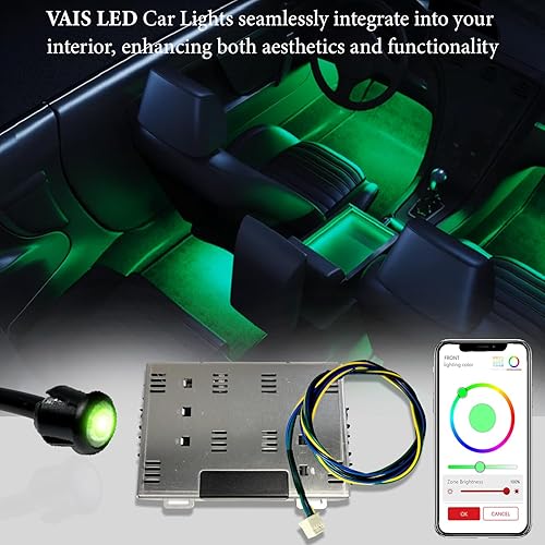 Miniatura 6 de Luces LED interiores para automóvil con control de aplicación y CarPlay y cambio de color RGB, diseño basado en fibra óptica, 6 salidas de luz,