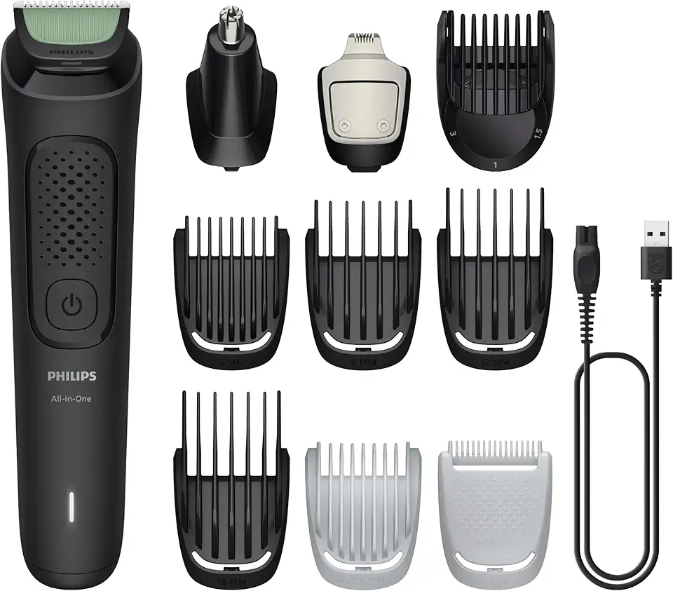 Philips Multigroom Aparador de Pelos 10 em 1 3000 Series, Barbeador elétrico e Aparador para Rosto, Cabeça e Corpo, Lâminas Autoafiáveis para a Pele, 10 Configurações de Comprimento, Modelo MG3931/15