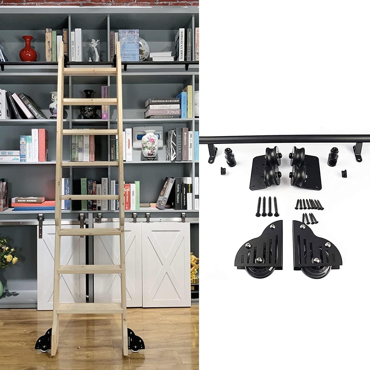 Kit de quincaillerie pour échelle roulante avec rail rond noir en acier de 6,6 pieds pour mezzanine