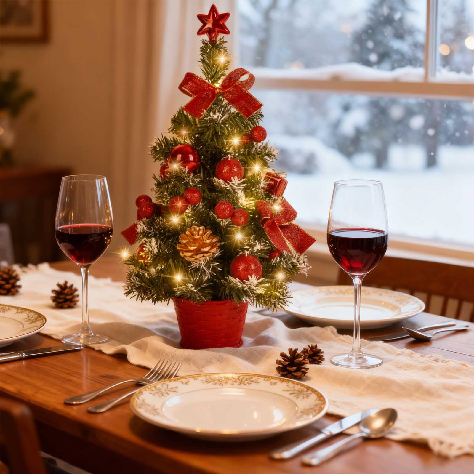 45CM Artificial Mini Christmas Tree with Battery Operated LED Lights, Includes Star, Baubles, Bows, Pine Cones, Tabletop Xmas Decor for Home, Office, Bar(Red)