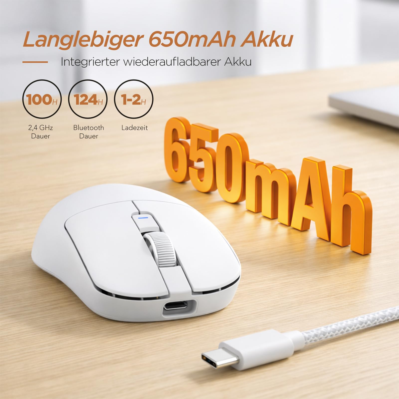 RK ROYAL KLUDGE MO3 Gaming Maus Kabellose PAW3809 6K DPI 48g leichte Computer Maus Bluetooth/2.4G/Kabel wiederaufladbare Wireless Mouse mit 5 programmierbaren Tasten, leisen Klicks für Laptop/PC, Weiß