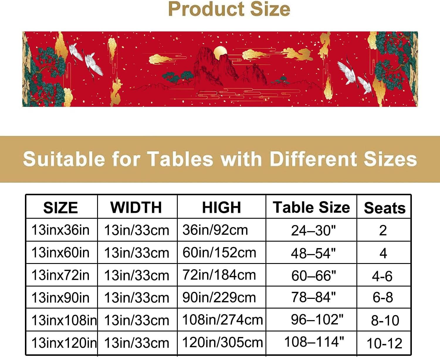 Chinese Landscape Table Runner,Japanese Crane Pine Clouds Mountains, Traditional Red Gold Asian Style Cotton Linen Tabletop Decor for Dining Room Wedding Festival – 13x108 Inch