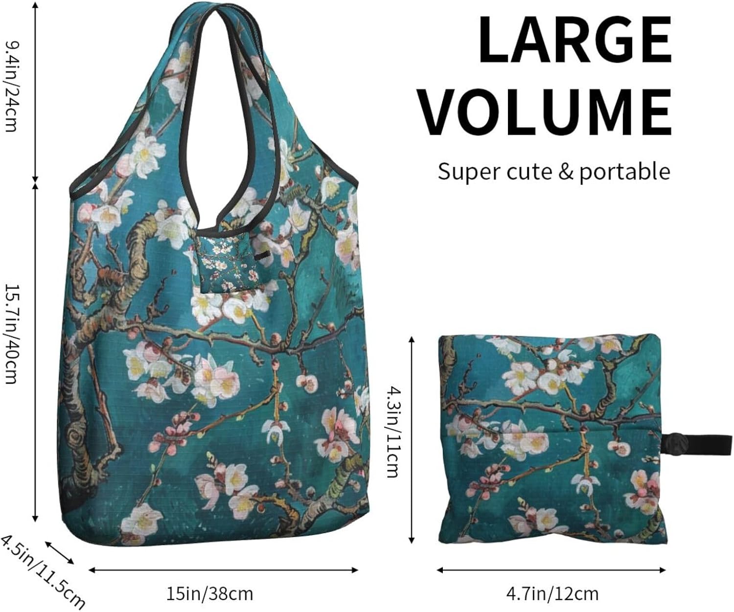 almond blossom Printed Reusable Shopping Bag Folding Grocery Bags Cloth Tote Bags Cute Washable Shopper Bags