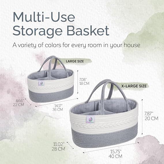 KiddyCare Diaper Caddy Organizer for Baby Nursery Basket with Handle Lid | Nursing bag with Changing Table Organizer Cart | Newborn Caddy | Grey Large size