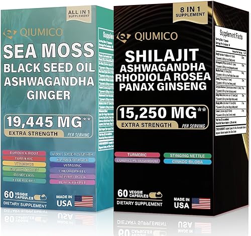 Paquete de musgo marino y shilajit, musgo marino 7000 mg, aceite de semilla negra 4000 mg, Ashwagandha 2000 mg, jengibre y shilajit 9000 mg,