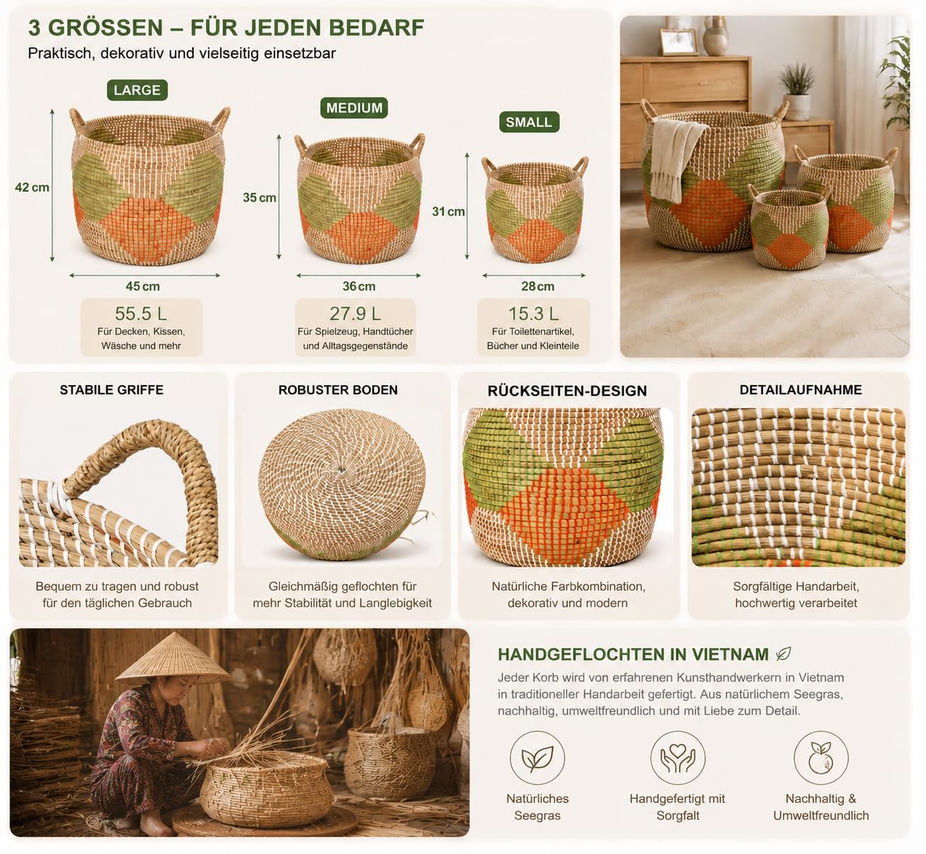 Seegras Korb 3er Set, Handgeflochtene Aufbewahrungskörbe aus Naturmaterial, Körbe für Bad, Wohnzimmer, Kinderzimmer