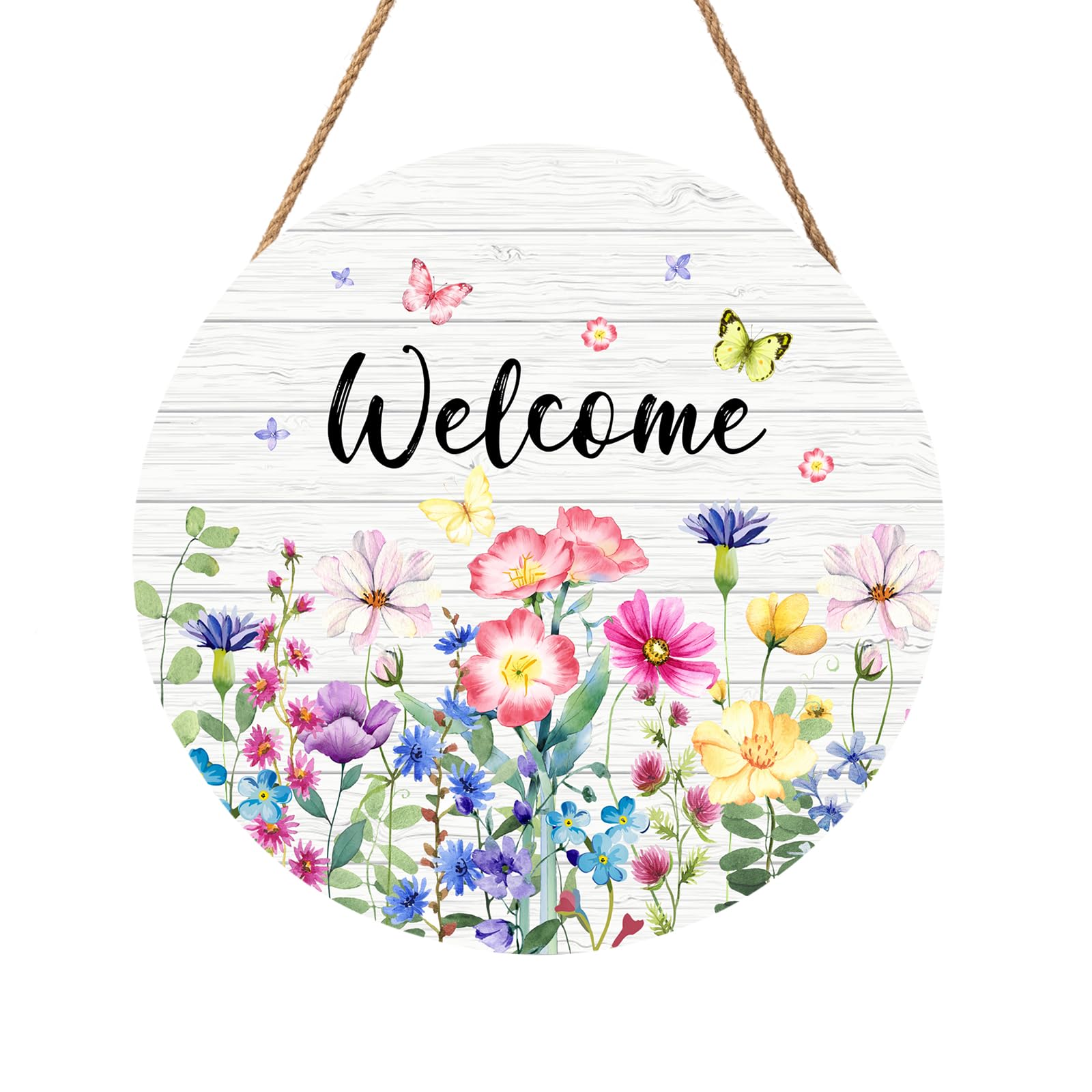 Summer Wildflowers Welcome Sign for Front Door Spring Summer Decorations Welcome Door Hanger Sign Floral Butterfly Metal Wreath Seasonal Farmhouse Wreaths for Wall Front Door Porch 12"x12"