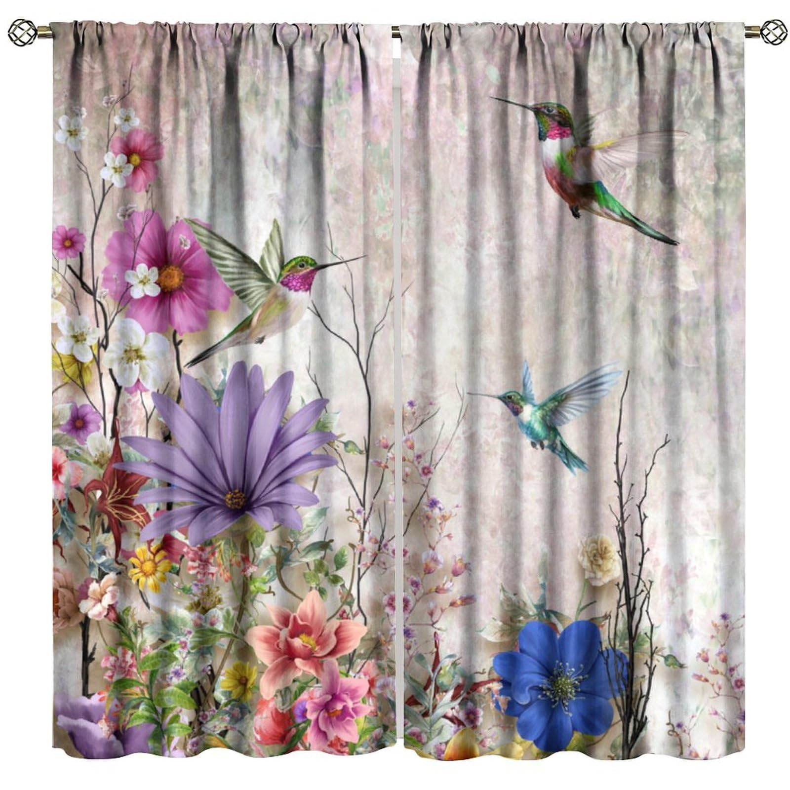 Hummingbird Spring Floral Curtains,Watercolor Pink Flower Plant Butterfly Hummingbird Nature Theme Pattern Print Window Drapes For Bedroom Living Room