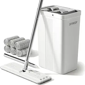 JOYMOOP Mop and Bucket Set with Wringer, Flat Mops for Floor Cleaning, Wall Mop Cleaner with Long Handle, Hardwood Floor Mop with 6 Microfiber Pads