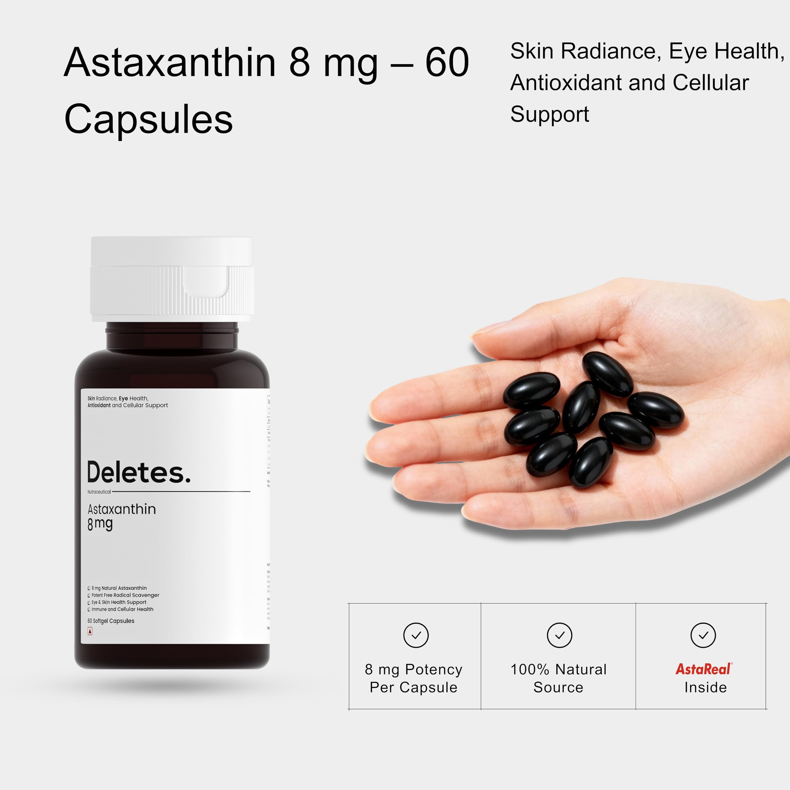 DELETES Astaxanthin 8 mg AstaReal Softgel Capsules – Natural Antioxidant for Skin Radiance, Eye & Immune Support – 60 Count 3
