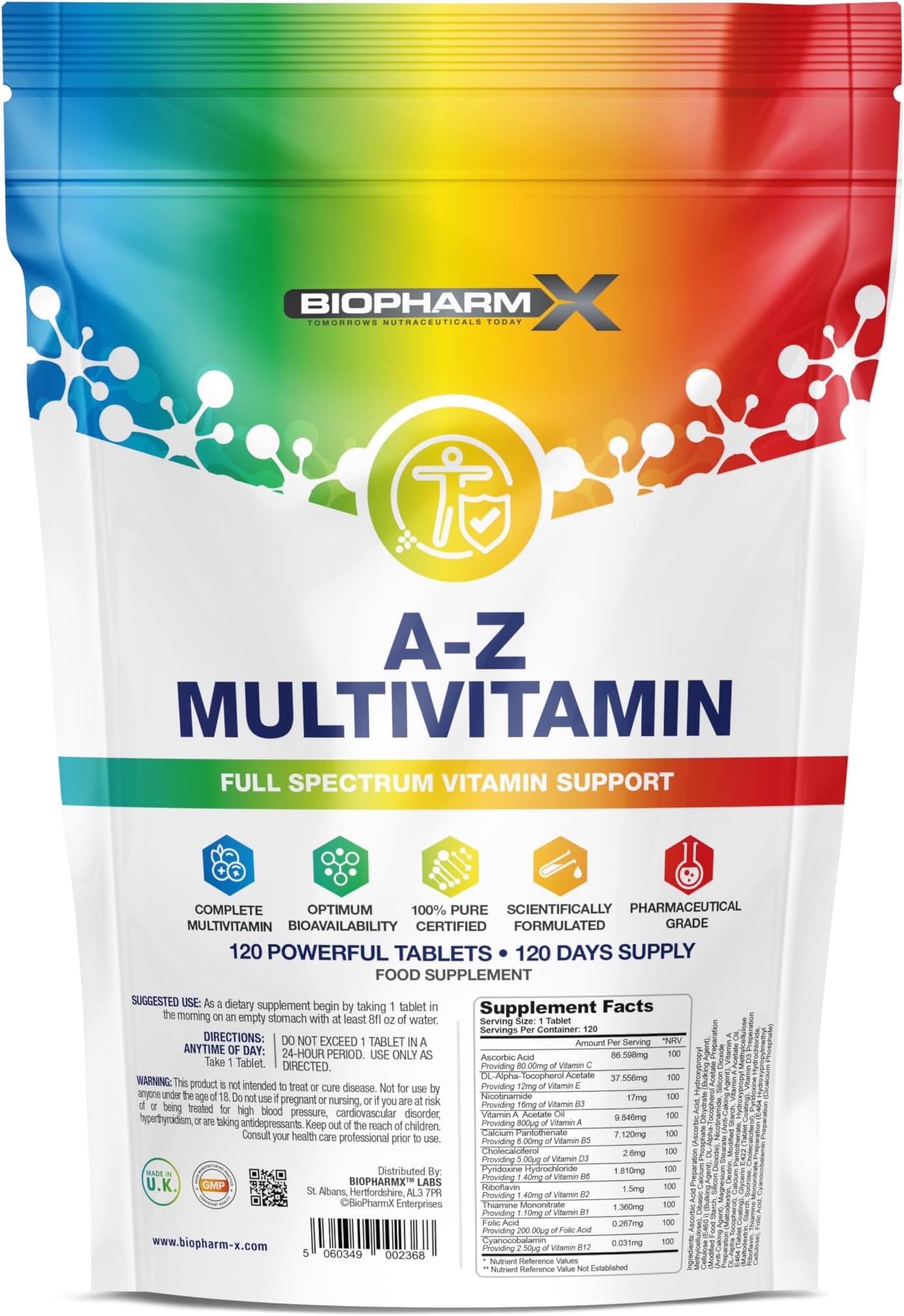 Premium A to Z Multivitamin Tablets (120 Tablets - 1 Per Day) 100% Daily NRV All Essential Vitamins - Manufactured in The UK by BioPharmX