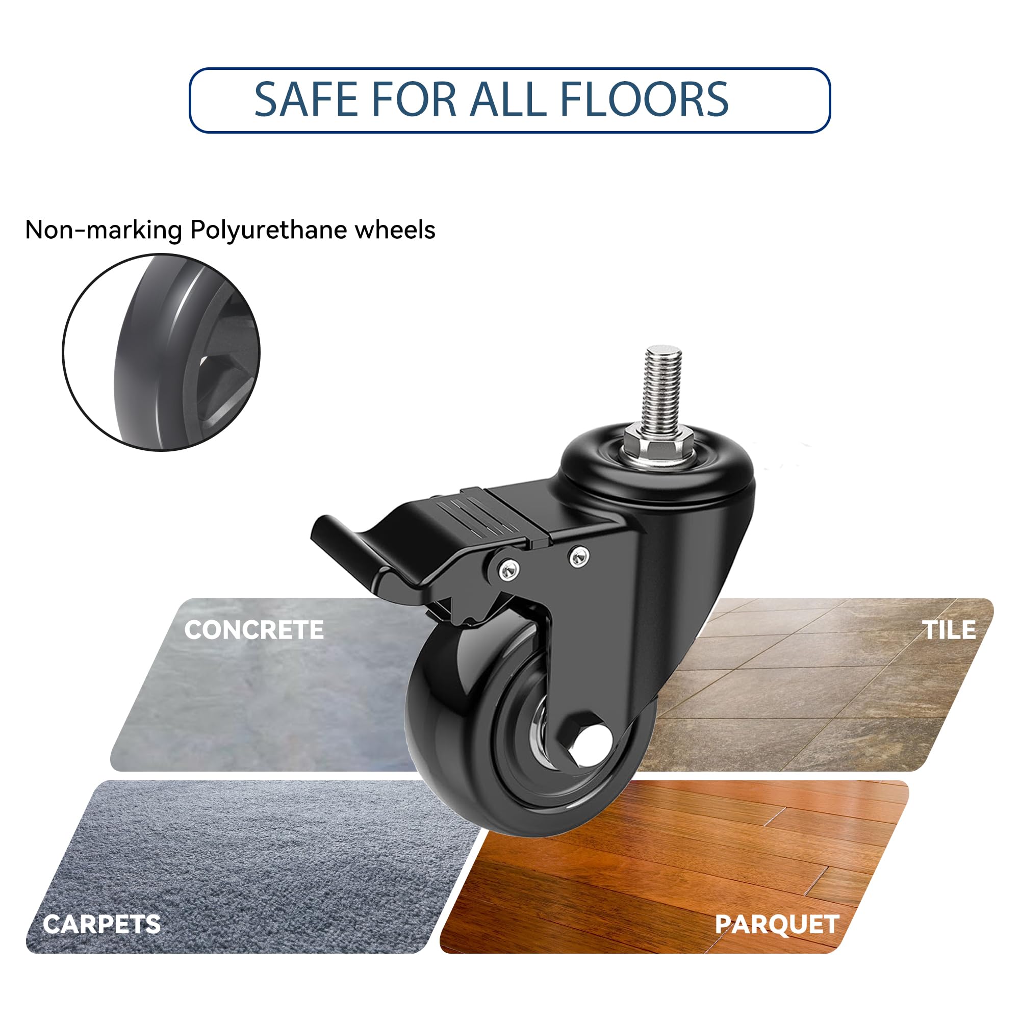 Set Di 4 Ruote Pivottanti Con Freni Per Mobili - Carico 30kg Per Ruota, Perno Filettato M10, Diametro 50mm - Foto 2