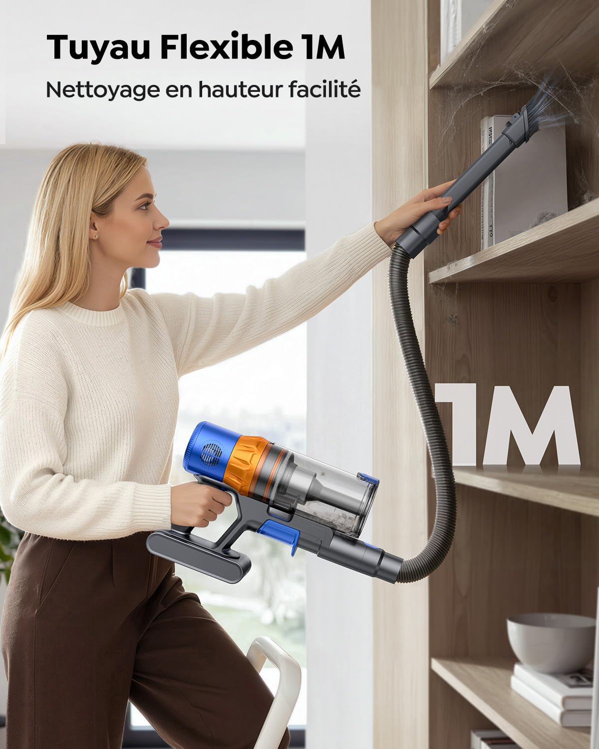 SunSare Aspirateur Balai sans Fil, 650W/55KPA/70Mins Aspirateur sans Fil Puissant avec Pliable Adaptateur, Tuyau 1M, Parfumé, Chargement Mural, Aspirateur Balai pour Poils d’Animaux/Sols/Tapis