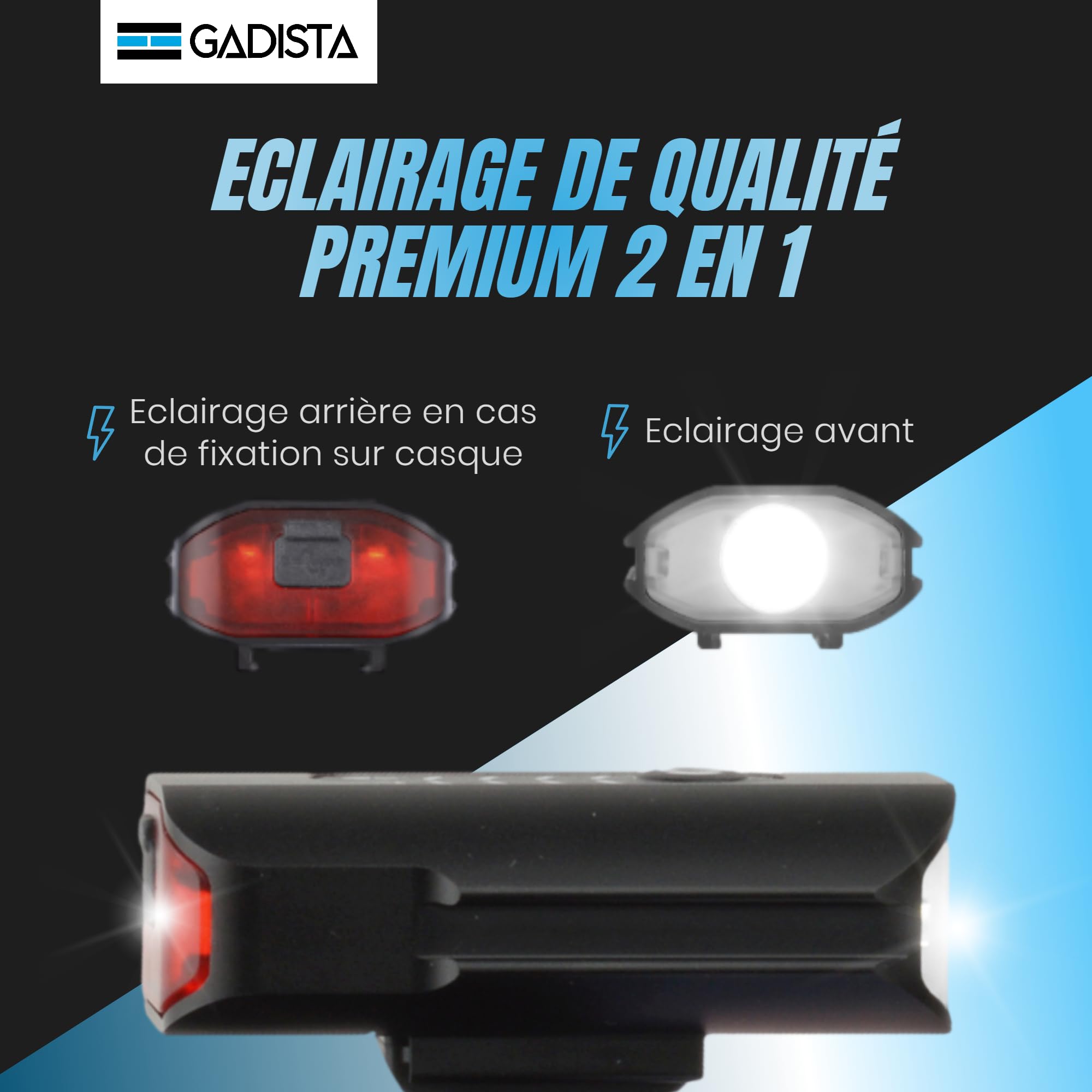 GADISTA France, Lumiere Velo Avant et feu Arriere Velo intégré 2en1, Lampe Velo LED puissantes Rechargeable USB, Eclairage Velo a LED Puissant, Accessoire Velo, Accessoire Trottinette Electrique