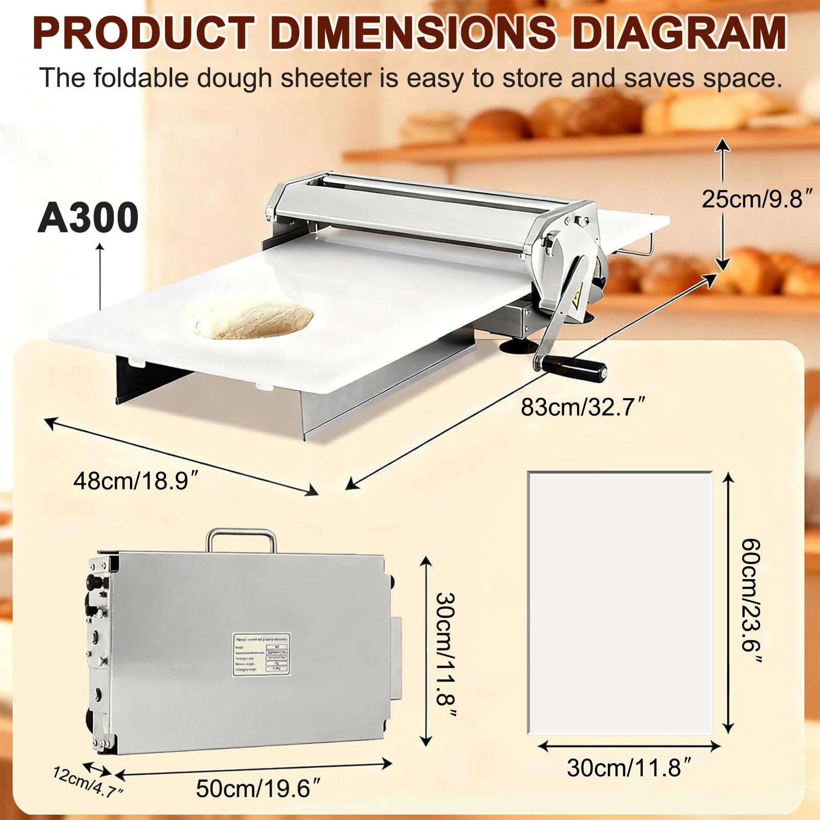 Laminoir à Pâte Pliable Manuel pour Boulangerie, Pizza et Croissants, Laminoire Manuel à Pate, Laminoir à Pâte Feuilletée, Laminoir à Pâtisserie en Acier Inoxydable A300