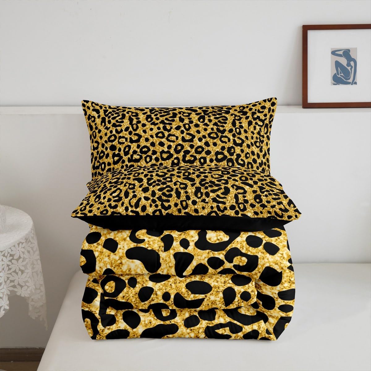 Feelyou Glitter Leopard Bedding Set for Girls Boys Kids Full Size Cheetah Comforter Set Animal Print Duvet Quilt Safari Room Decor Breathable Soft Lightweight Microfiber
