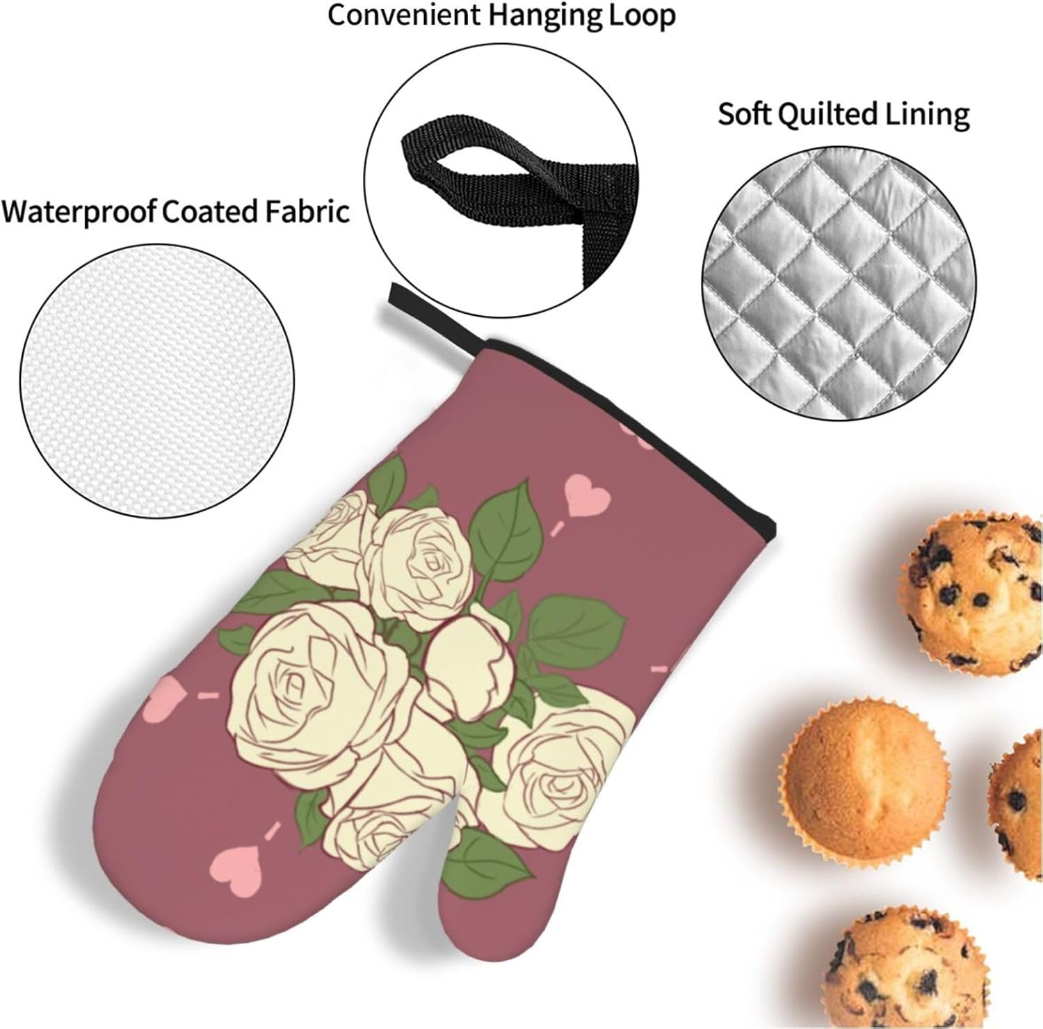 White Rose of Love Oven gloves and heat-resistant mat 4-piece set. Suitable for grilling, microwave oven frying, and baking