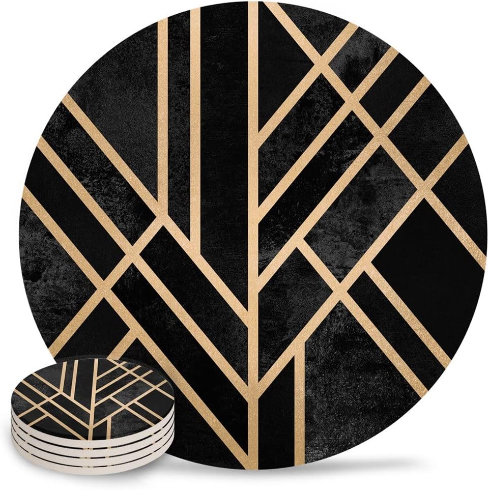 Geometry Art Deco Black Ceramic Coasters Waterproof Tea Cup Mat Christmas Home Decor Coffee Table