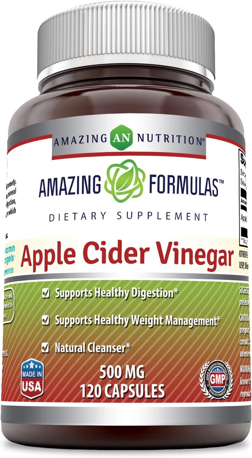 Amazing Formulas Apple Cider Vinegar - 500 Mg, Capsules (Non-GMO) - Supports Healthy Weight Management - Supports Digestive Functions - Natural Cleanser. (120 Count)