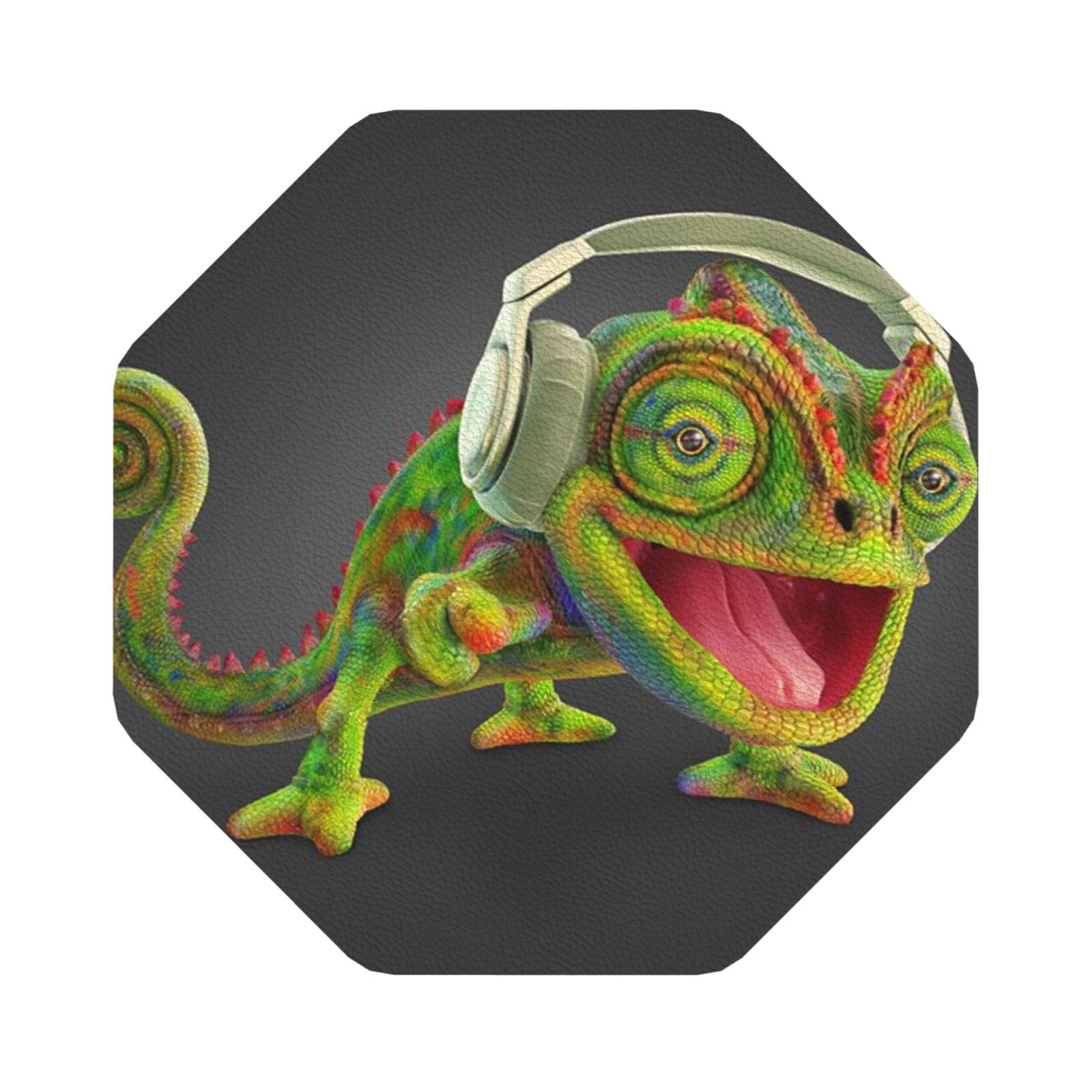 Chameleon listen music PU Leather Coasters Set of 6 Octagon Drink Coasters