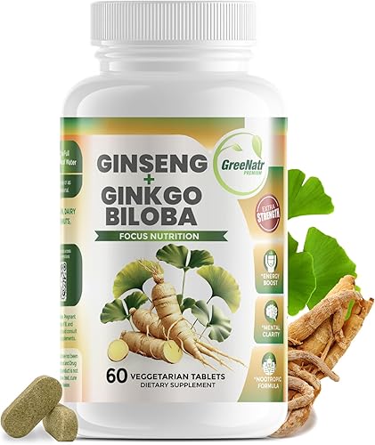 GreeNatr - Tabletas de ginseng y ginkgo biloba - Súper alimento superior no transgénicovegetariano Potenciador de energía y activador cerebral