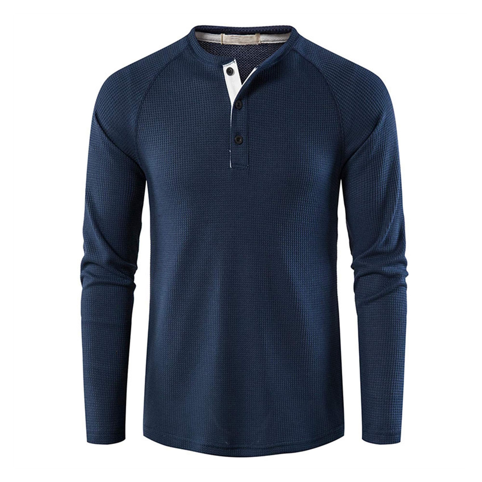 JEShifangjiusu Men's Casual Crew Neck Long Sleeve Blouse Lightweight Waffle Henley Thermal Underwear Slim 3 Button T Shirts (Large,Dark Blue)