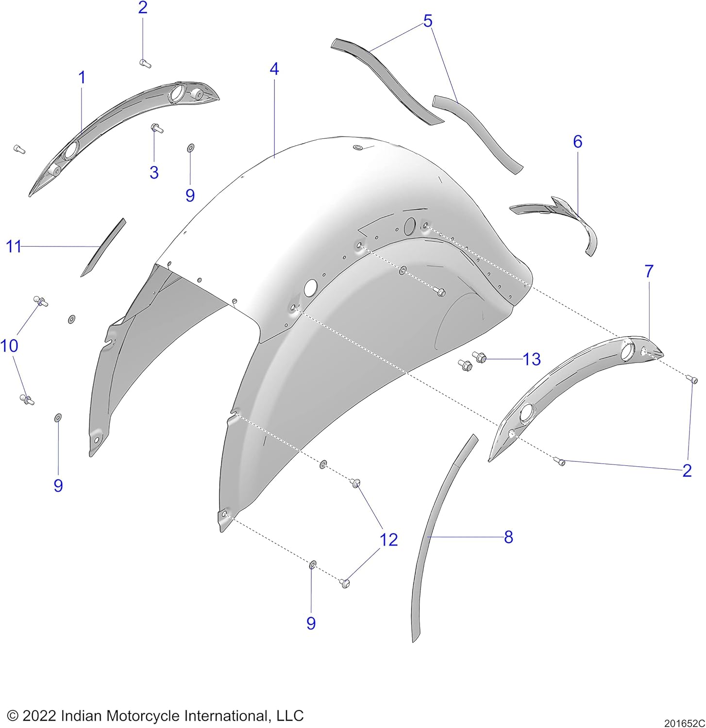 Indian Motorcycle Fender Tip, Trim, Rear, Chrome, Genuine OEM Part 5454985-156, Qty 1