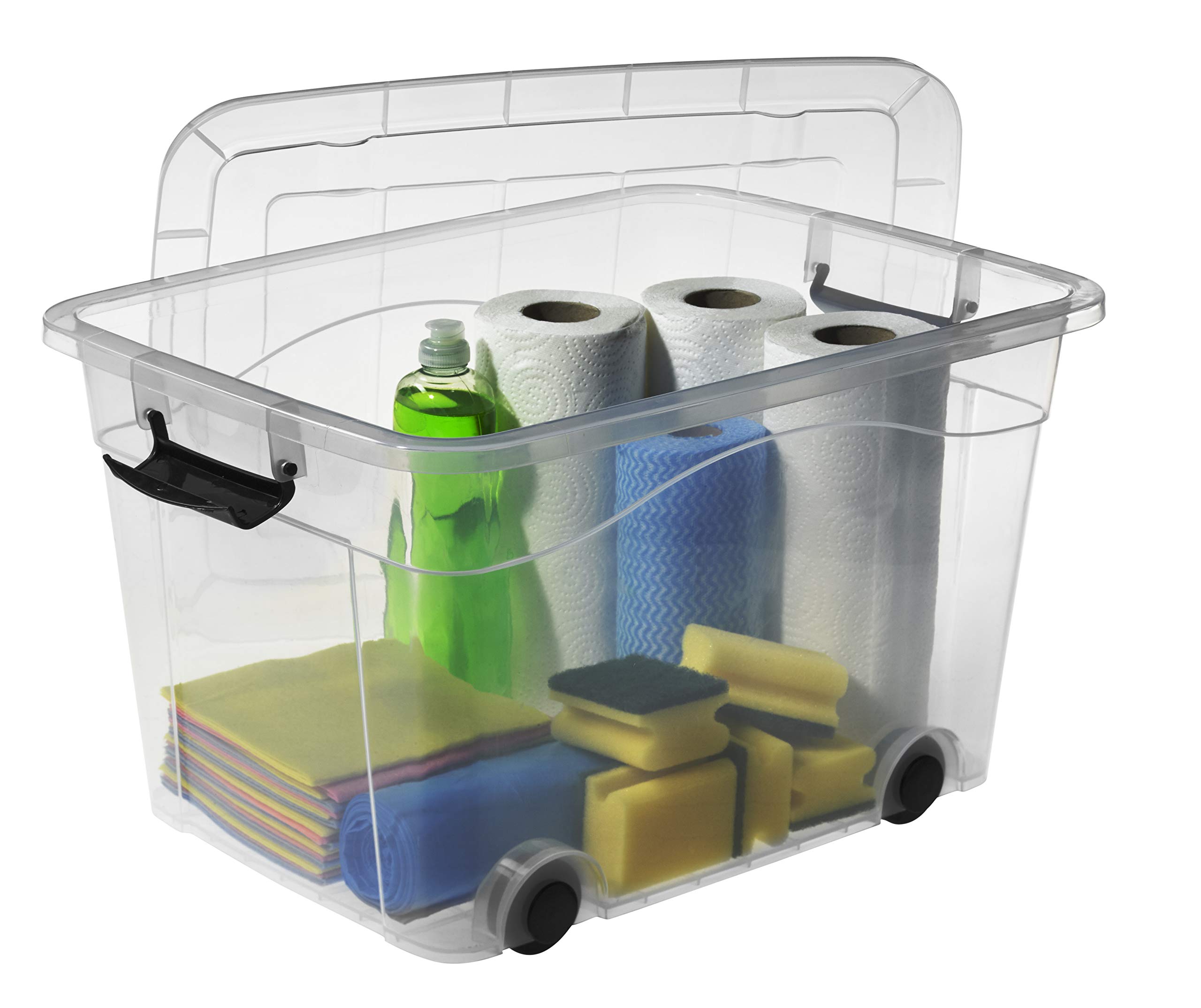 Logiplast 5 Stück Aufbewahrungsbox transparent 40 Liter mit Deckel und Klickverschluss 530 x 400 x 320 mm inkl. Rollen